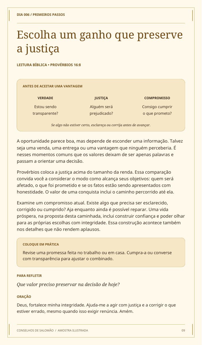 Meditação do dia 6: Escolha um ganho que preserve a justiça, com referência em Provérbios 16:8, diagrama, reflexão e oração